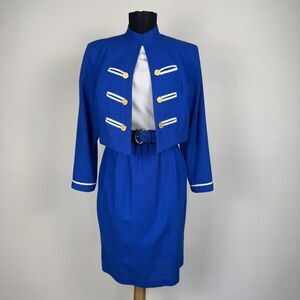 Vintage Blue Military Marching Band Style w/ Cropped Jacket & Dress 2-Piece Set